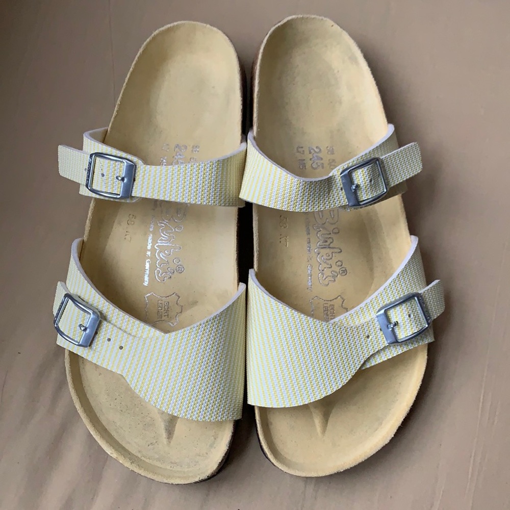 NEW Birkenstock Birkis Yellow & White Stripe Sandals